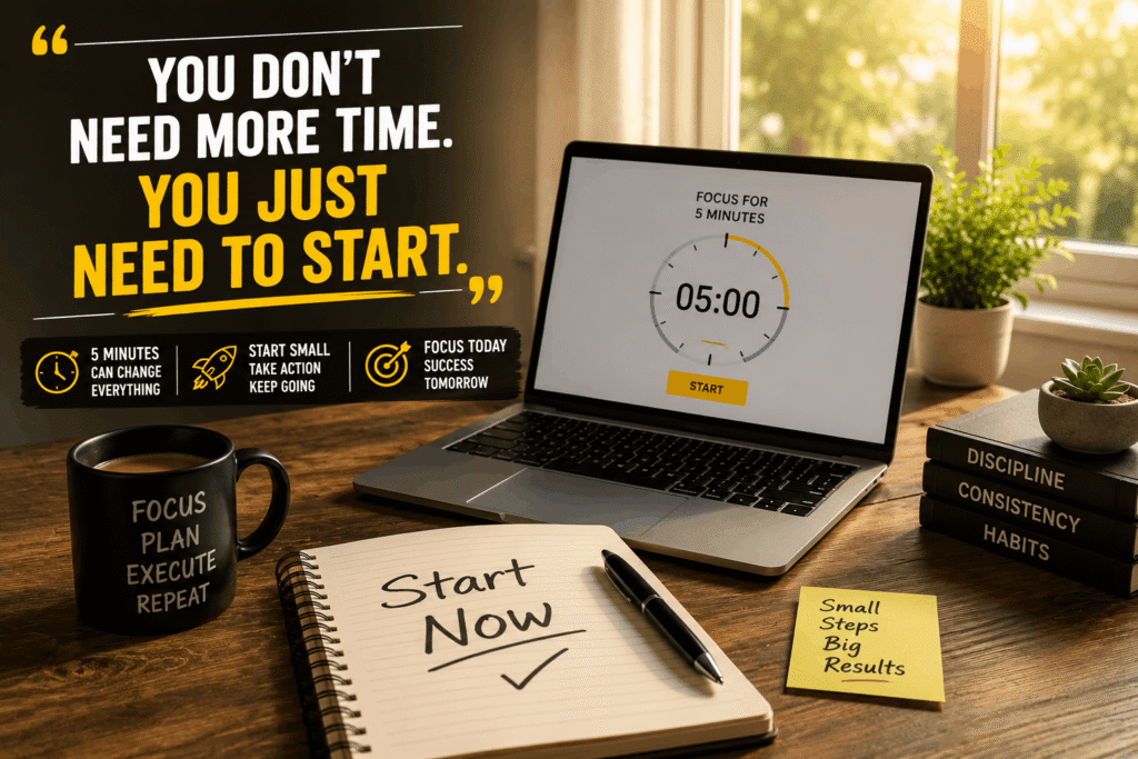 Person starting work with a 5-minute timer to overcome procrastination and build productive habits