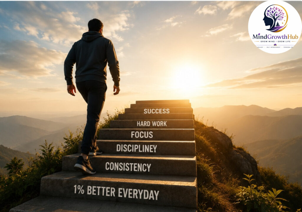 Person climbing steps toward success through hard work and discipline