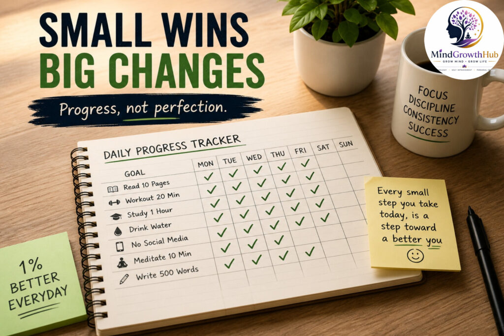 Daily habit tracker showing small wins and personal growth progress
