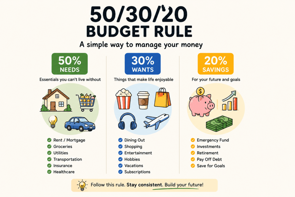 Simple 50 30 20 budget rule infographic showing how to divide income into needs wants and savings