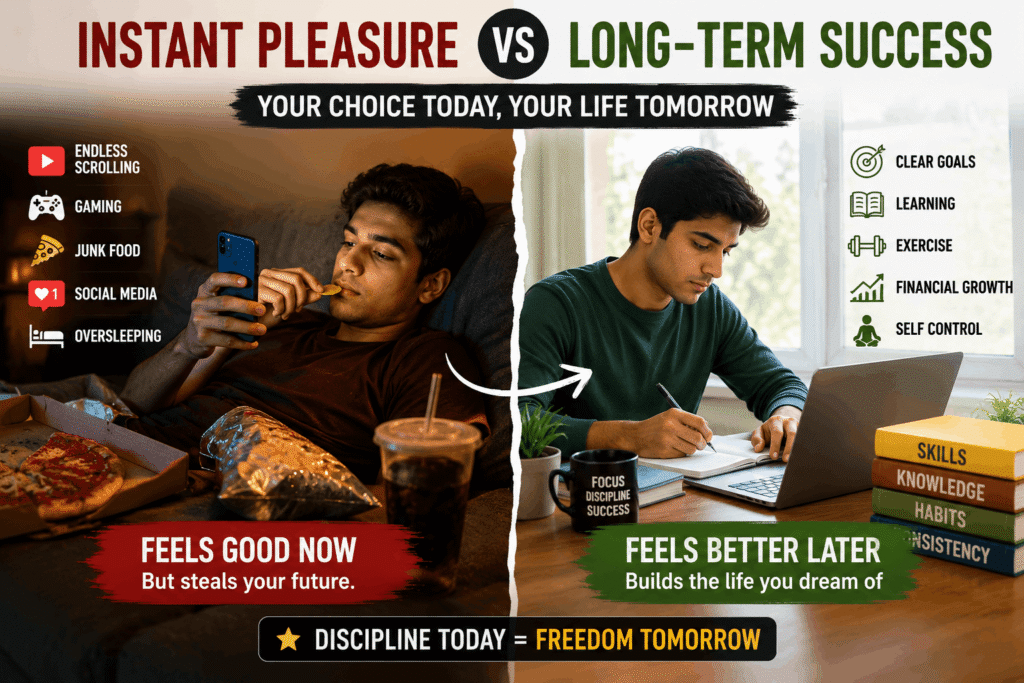 Instant gratification vs long-term success comparison showing how discipline and self-control lead to better habits and future success
