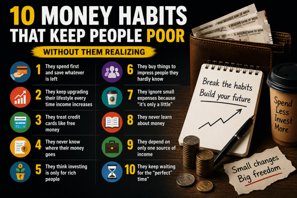 Infographic showing 10 money habits that keep people poor without them realizing