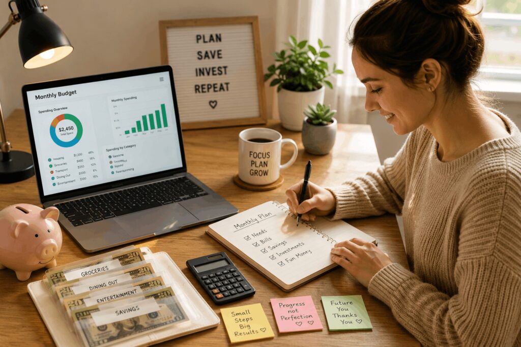 A woman combining cash stuffing envelopes and digital budgeting tracker on a laptop