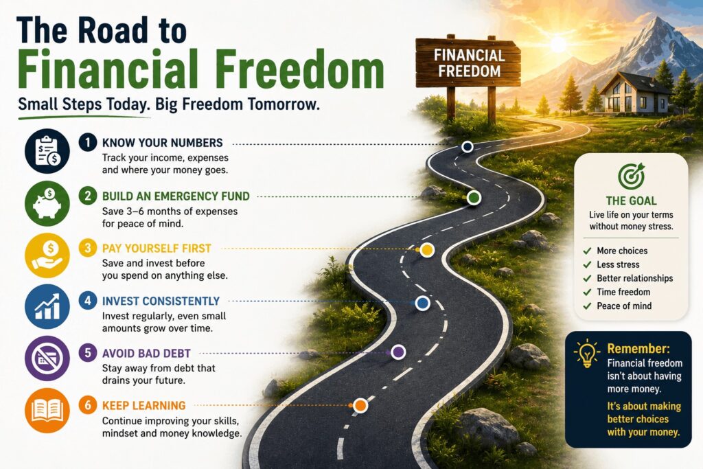 Financial freedom grows over time through consistent saving, investing, and smart money habits