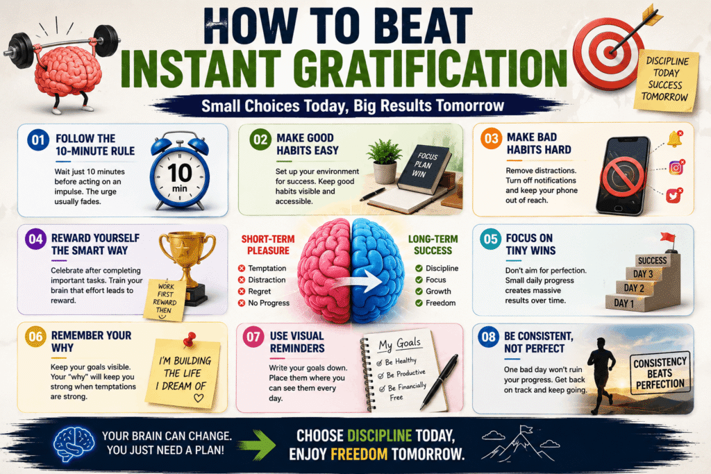 Infographic showing 8 practical ways to beat instant gratification and achieve long term success.