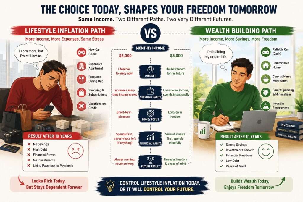 A comparison infographic between lifestyle inflation path vs wealth building path showing two different financial futures.