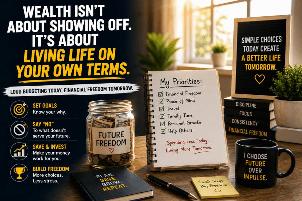 Loud budgeting lifestyle showing financial freedom through smart saving, intentional spending, and long-term money goals