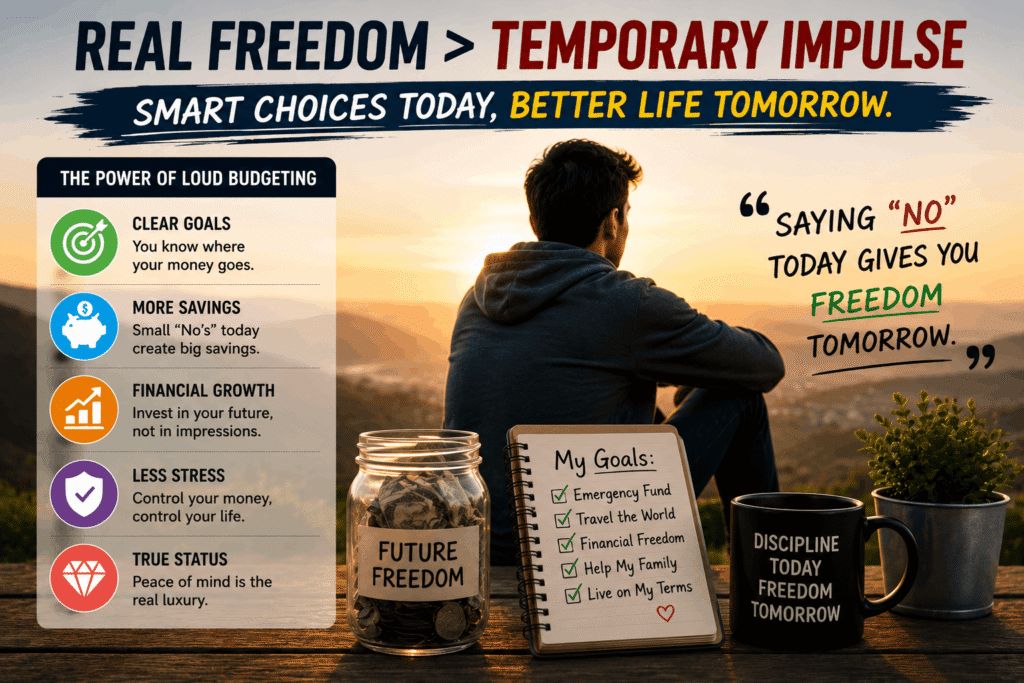 Loud budgeting mindset showing financial freedom through smart saving and saying no to unnecessary spending