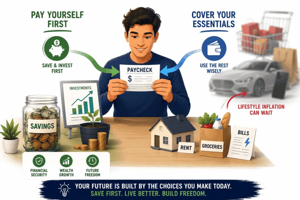An infographic demonstrating the pay yourself first rule by splitting a paycheck into savings and essential expenses.