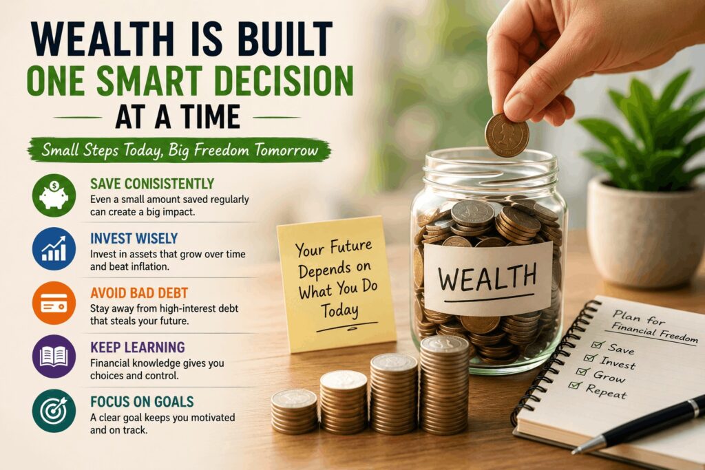 An infographic showing that wealth is built one smart decision at a time, with tips on saving consistently, investing wisely, and avoiding debt.