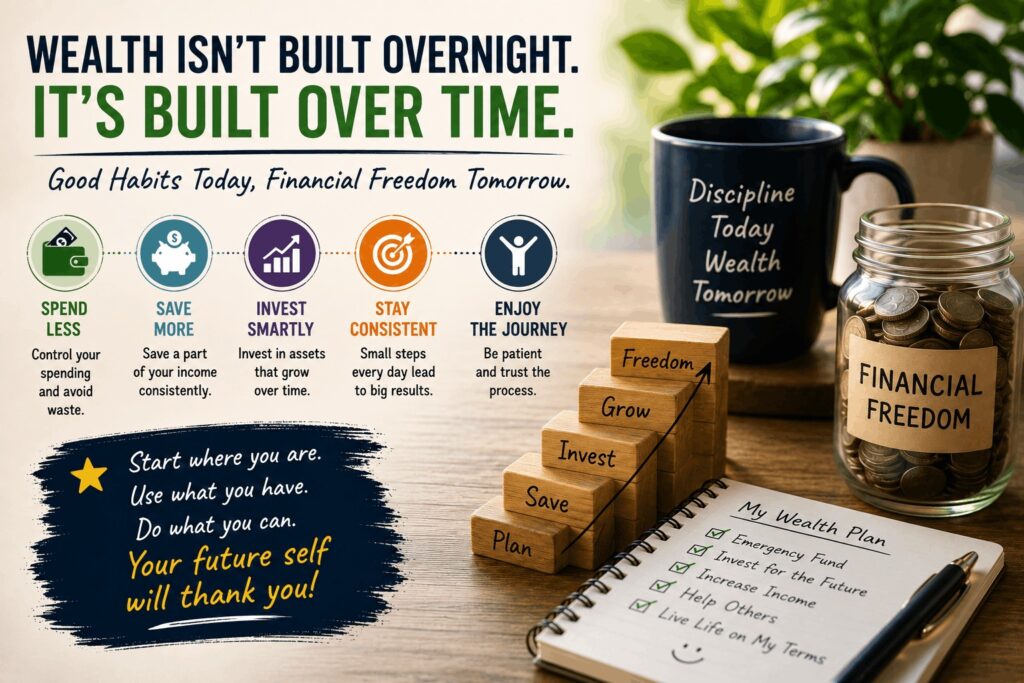 An infographic explaining that wealth is built over time, not overnight, featuring a step-by-step plan for saving and consistent investing.
