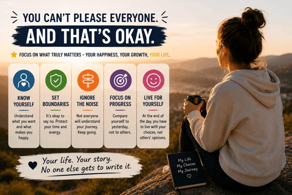An infographic showing why you can't please everyone, with tips on setting boundaries and focusing on your own happiness.