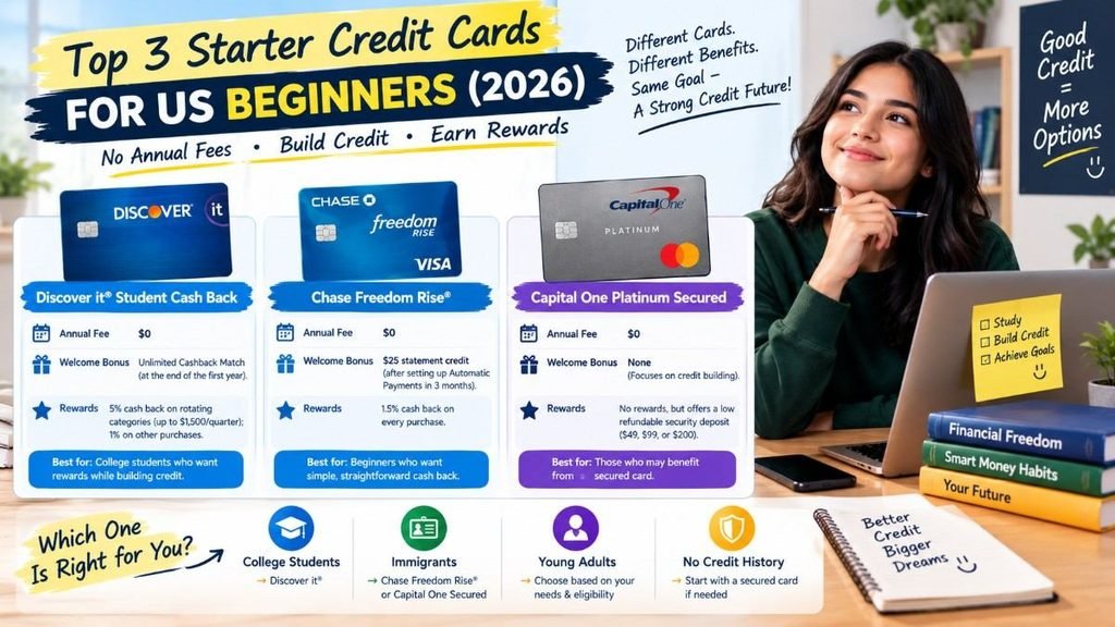 Comparison of the best first credit cards for beginners in 2026, including student, cash back, and secured credit cards
