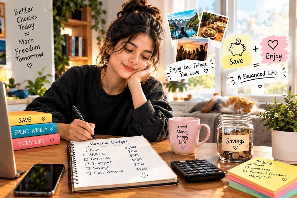 Person creating a monthly budget while saving money and leaving room for fun and personal spending